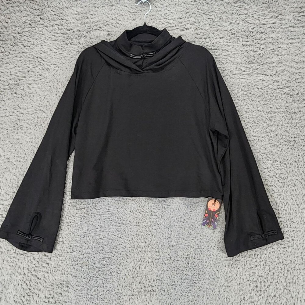 Modakawa Top Womens XL Black Bell Sleeve Cropped Jersey Knit Crop Hoodie NWT